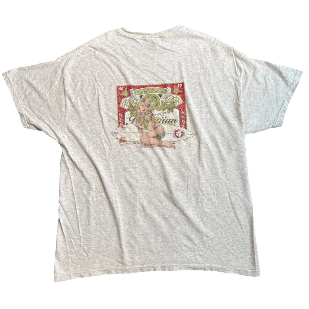 Vintage North Shore Brewing Co Hawaiian Surf T-Shirt Hanes XL Gray Pinup Girl